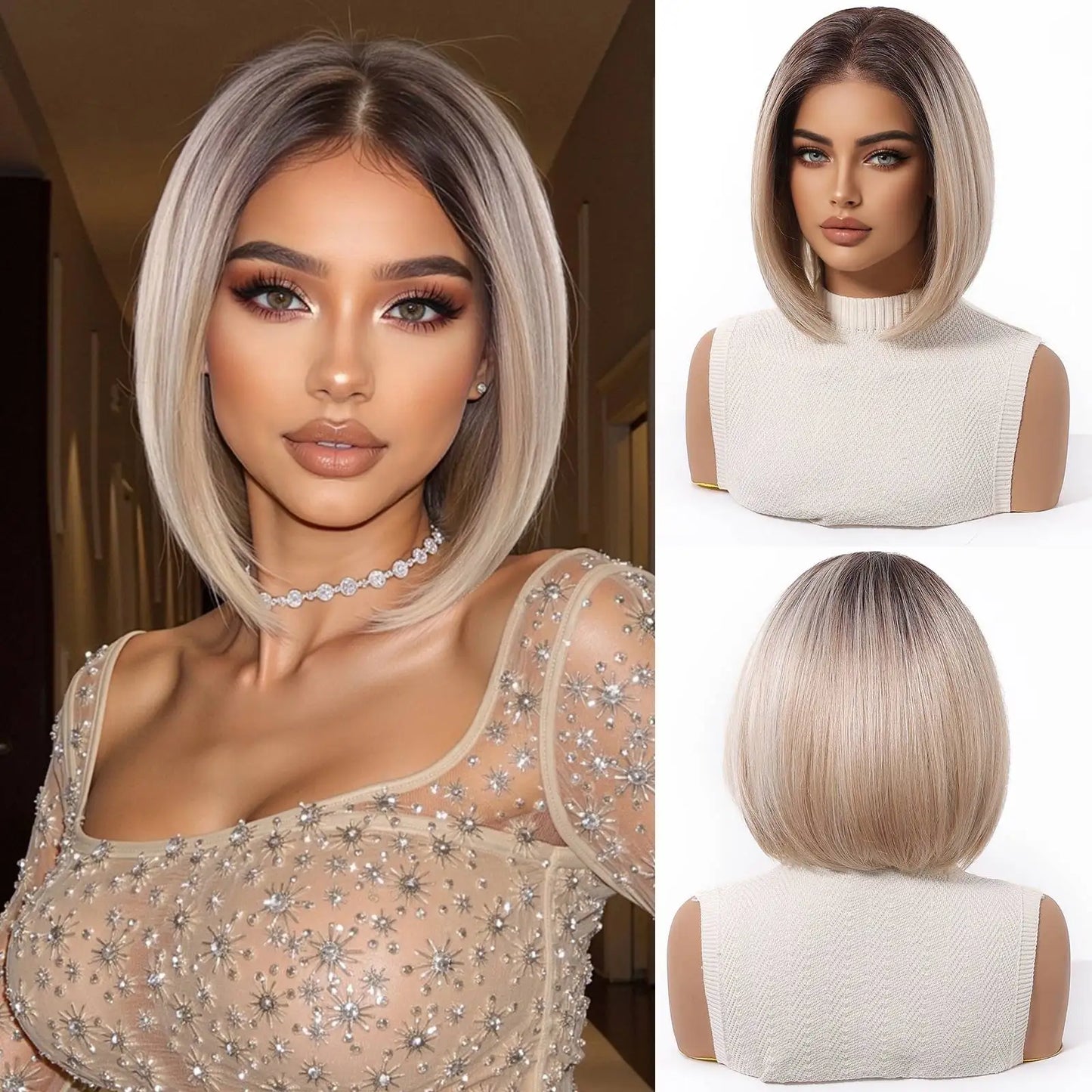 Topshe Short Bob 13x6 HD Lace Front Wig Ombre Blonde Straight Synthetic Wigs Glueless Pre-Plucked Heat Resistant Fiber Daily