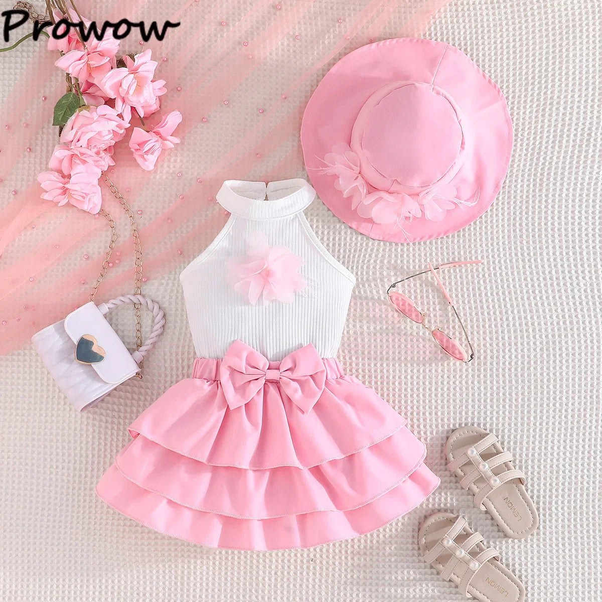 Toddler Girl Outfit Sets Sleeveless Turtleneck Fixed Flower T-shirt+Layered Skirt+Sun Hat Summer 3pcs Sets For Baby Girl Clothes