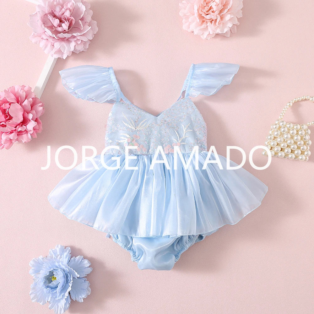New Summer Sister Girl Matching Romper Dress Short Sling Sleeves Big Bow Bodysuit Sequined Princess Dresses Twins Clothing H1518