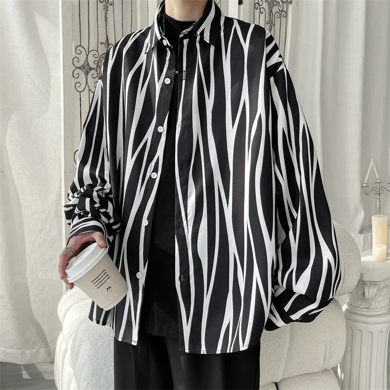 Men's Long Sleeve Striped Shirts Spring New Korean Button Up Shirt Unisex Fashion Casual Oversize Blouse Printed Clothing