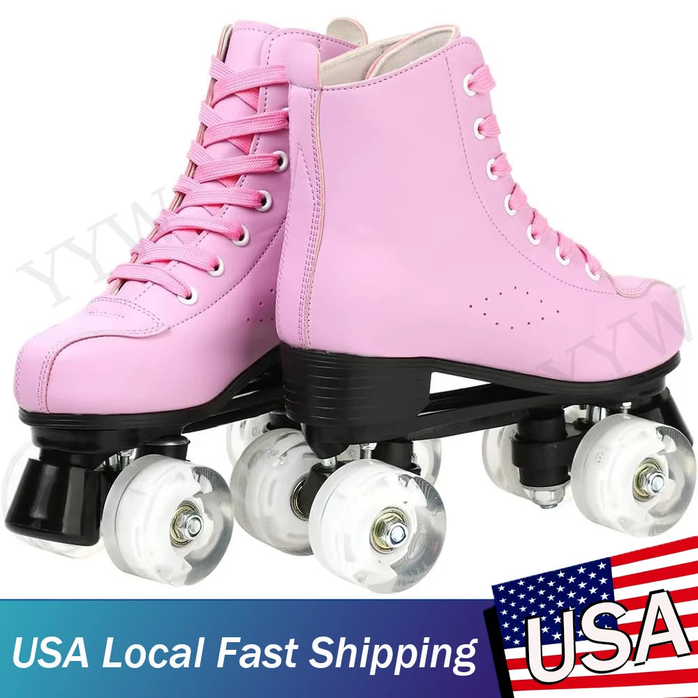 Pink Roller Skate Shoes PU Leather Roller Skates Skating Shoes Sliding Inline Quad Skates Sneakers 4 Wheels Flash Wheel Sneakers