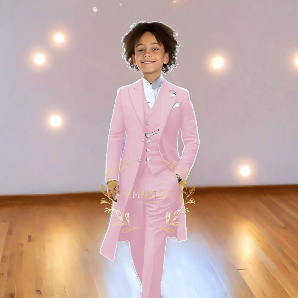 Children Formal Tuxedos Boys Suit Light Grey Long Jacket Vest Pants Sets for Piano Performance Birthday Party Costume Tailored