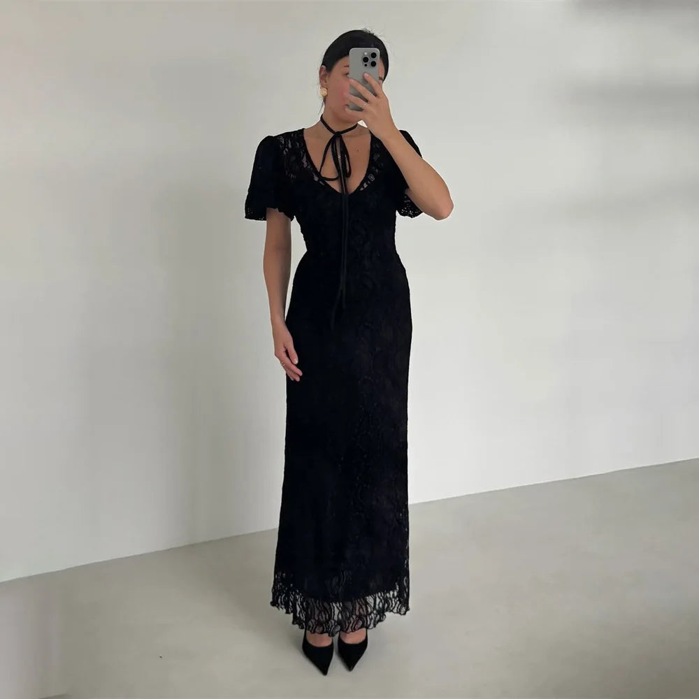 Tossy Fashion Lace Hollow Out Long Dress Women's V-Neck High Waist Sexy See-Through Printed Summer Dress Female Bodycon Dress