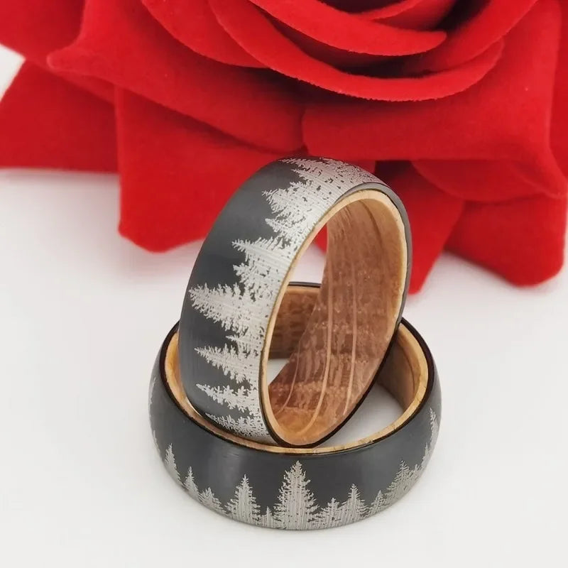 Somen 8mm Tungsten Carbide Wine Barrel Wood Ring For Men Brushed Laser Forest Pattern Engagement Wedding Bands Fashion Jewelry