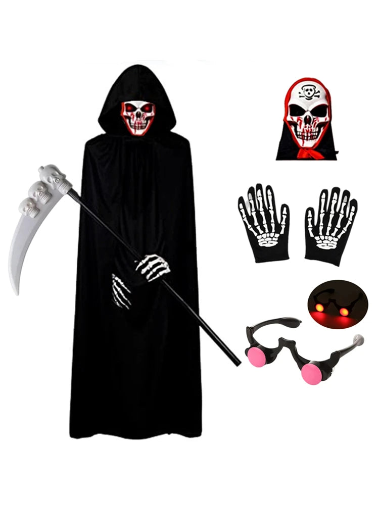 Halloween Scary Costume Grim Reaper Costume for Boys Kids Costume with Glowing Red Eyes with Gloves Mask