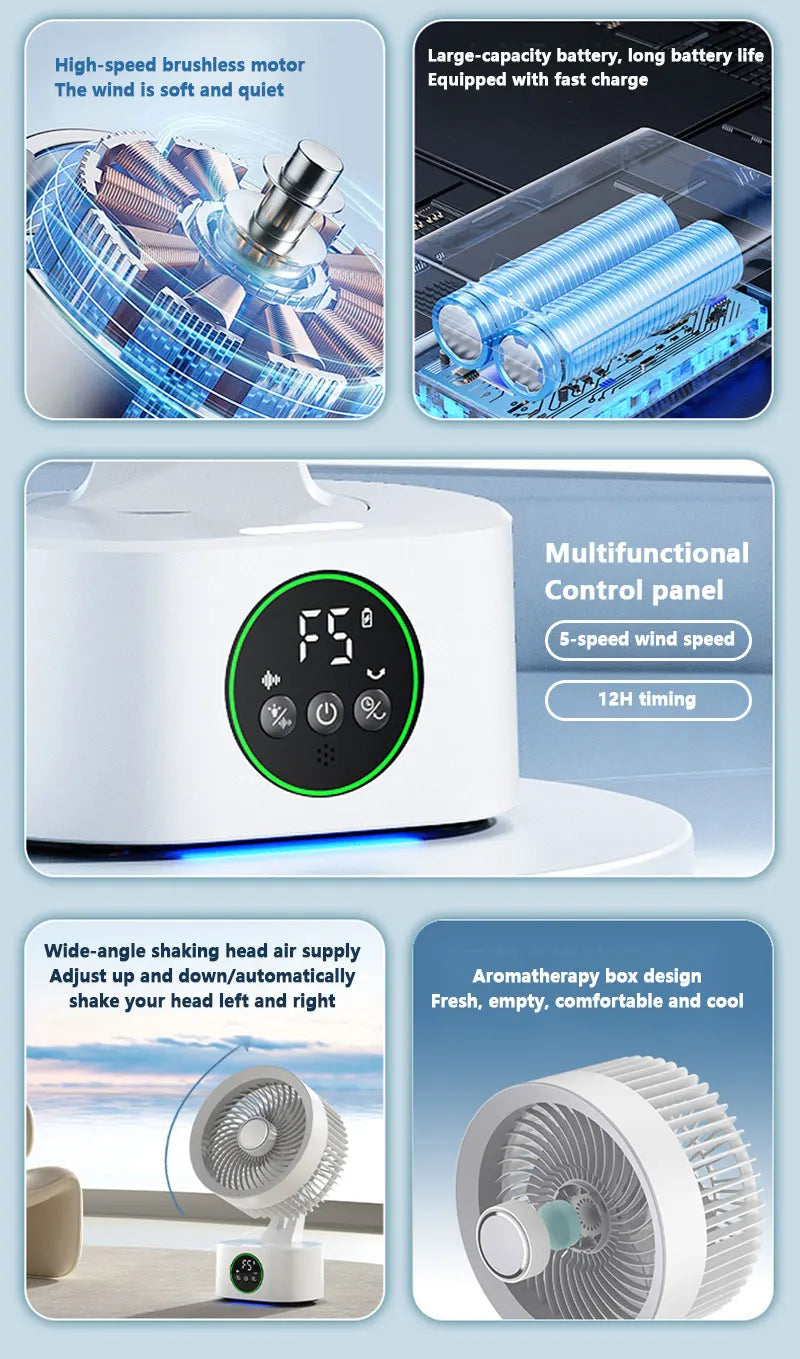 Portable Air Circulation Fan Smart Voice Remote Control USB Rechargeable Desktop Wall-Hanging Shaking Head Fan with Nightlight
