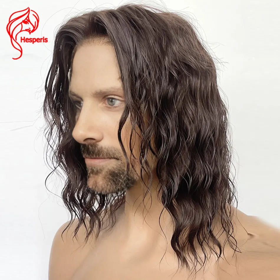 Hesperis Human Man Hair Water Wave Wigs Long Brown Wave Lace Front Wigs For Male Glueless Middle Part Man Brown Lace Wigs