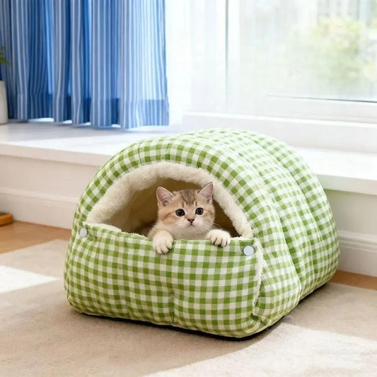 Checkered Cat House Winter Warm Enclosed Pet Bed for Cats and Small Dogs