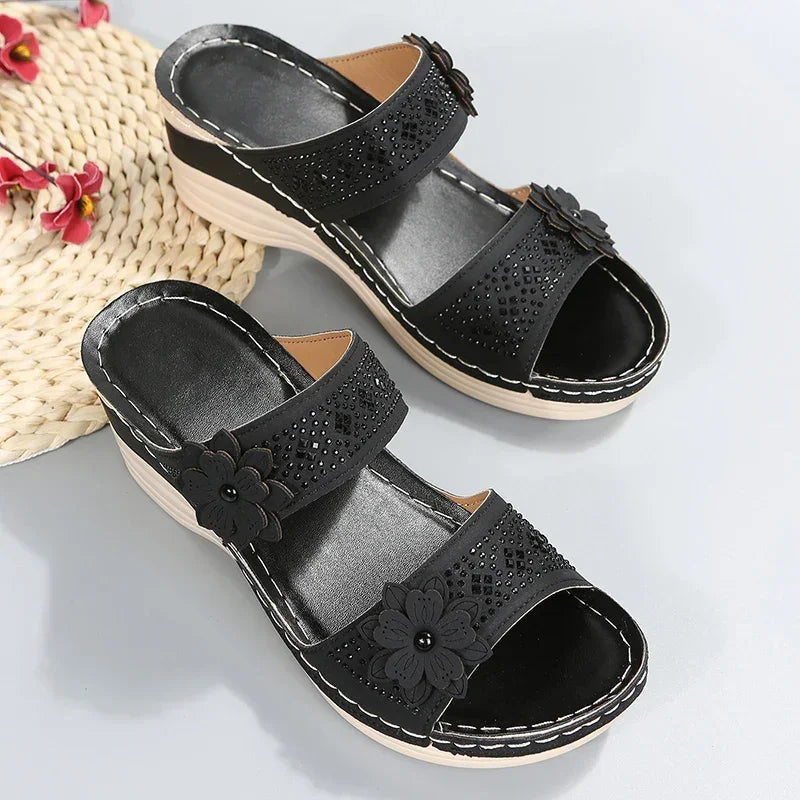 2024 Summer Women Slippers Plus Size Women's Shoes Retro Roman Sandals Women Pu Casual Flower Wedge Sandals Platform Slippers