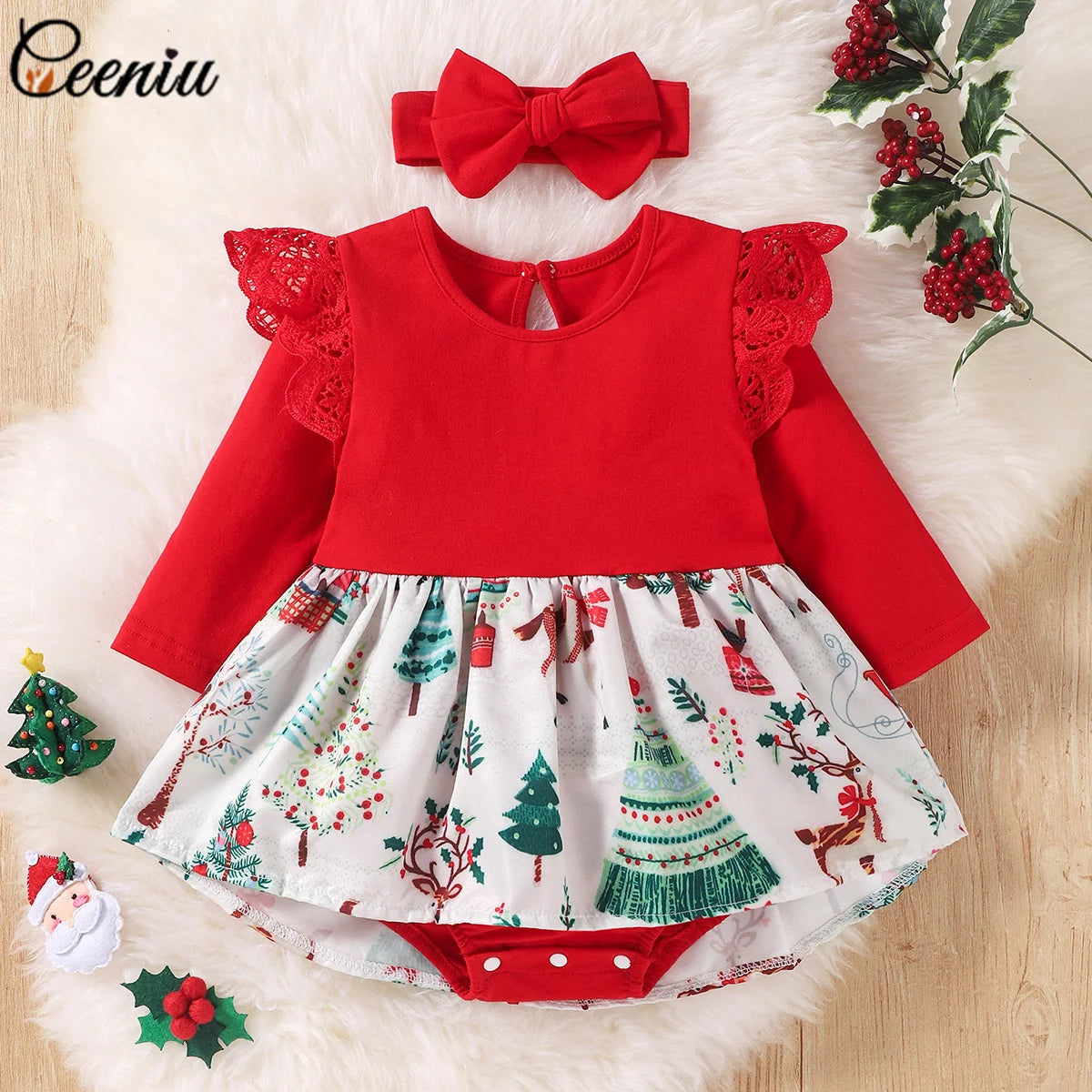Ceeniu Baby Christmas Bodysuit Dress For Girls Green Santa Claus Letter Rompers Infants Onesies My First New Year Costume Baby