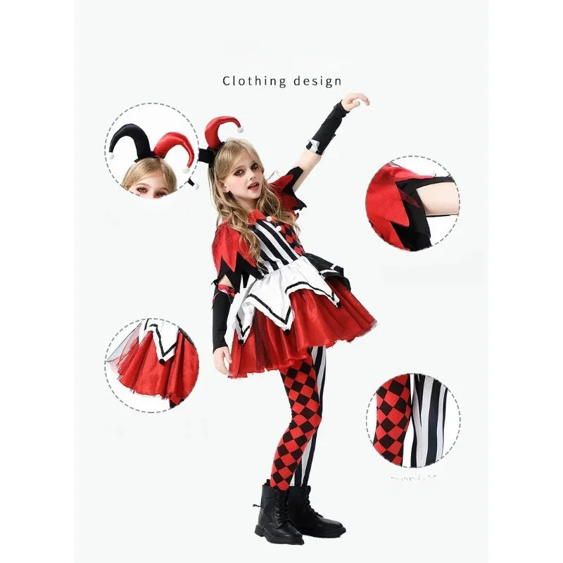 Halloween Cosplay Costumes Horror Clown Dresses Pants Headwear Clothes Sets Carnival Theme Party Role Playing Outfits for Girls