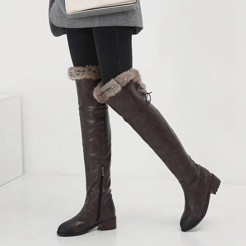 SIMLOVEYO Snow Boots fur Women Leather Boots Med Block Heels Over The Knee Boots Lady Shoes Bota Feminina Size 44 46