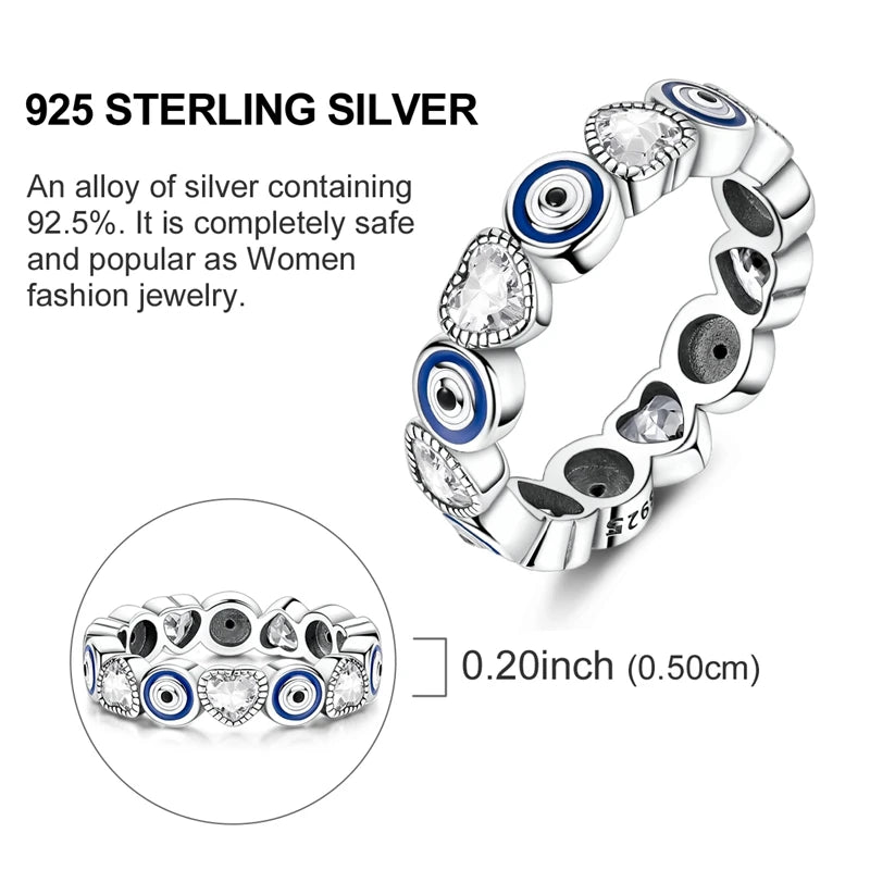 Original 925 Sterling Silver Sparkling Blue Eye and Heart Ring For Women Girls Jewelry Birthday Anniversary Gifts