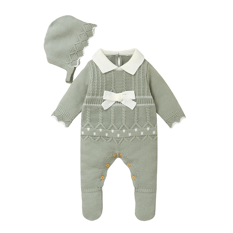Soft Autumn Winter Baby Girls Rompers + Hat Outfits Multi-colors Available 0-9M Knitted Acrylic Newborn Baby Bodysuit Jumpsuit