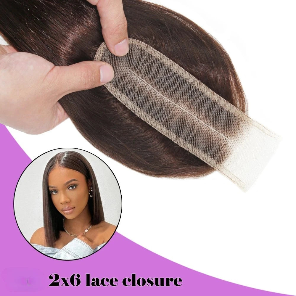 Color 2 Dark Brown Straight 2x6 Human Hair Lace Closure Long Deep Parting Brazilian Virgin Hair 10-22 Inch 150% Density Full End