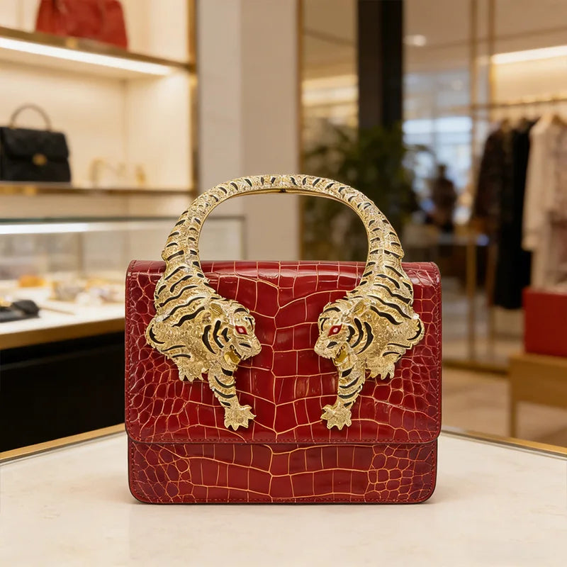 2026 New Luxury Designer Handbag for Women Crocodile Effect Leather Tiger-sculpted Top Handle Fashion Evening Shoulder Bag