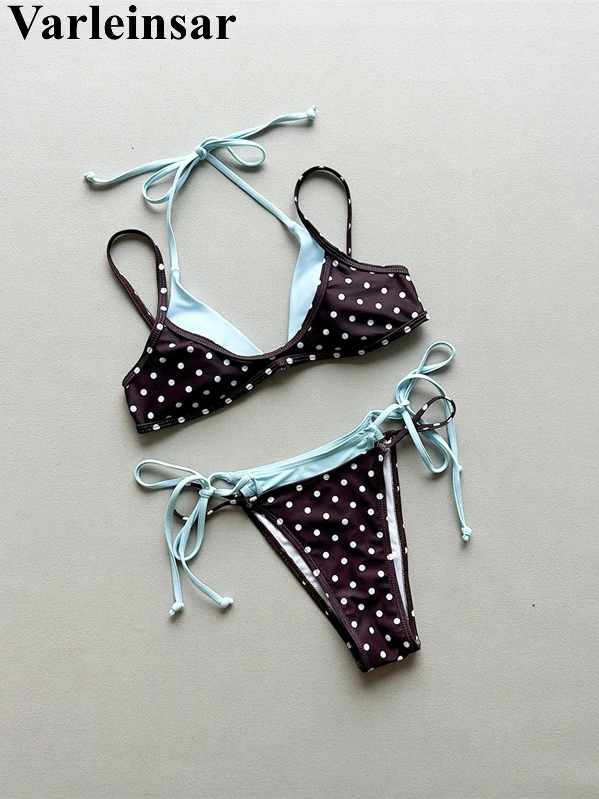 Sexy Polka Dot Plaid Halter Bikini Female Swimsuit Women Swimwear Two-Pieces Bikini Set Splicing Bather Bathing Suit Swim V8027
