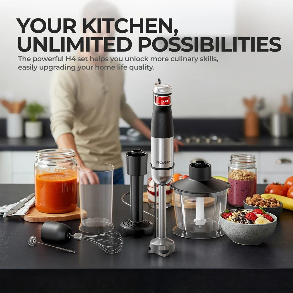 ROUNY 6-in-1 Multi-Purpose Immersion Hand Blender, Max 1500W Stick Blender with Stainless Steel Blades for Home and Kitchen
