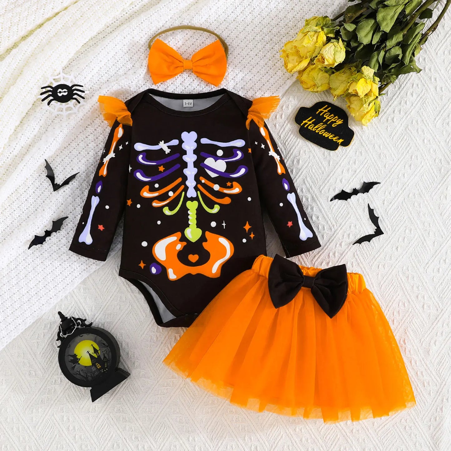 Infant Girls Halloween Theme Party Carnival Pumpkin Ghost Skeleton Cosplay Costume Skull Pumpkin Face Apparition Print Romper
