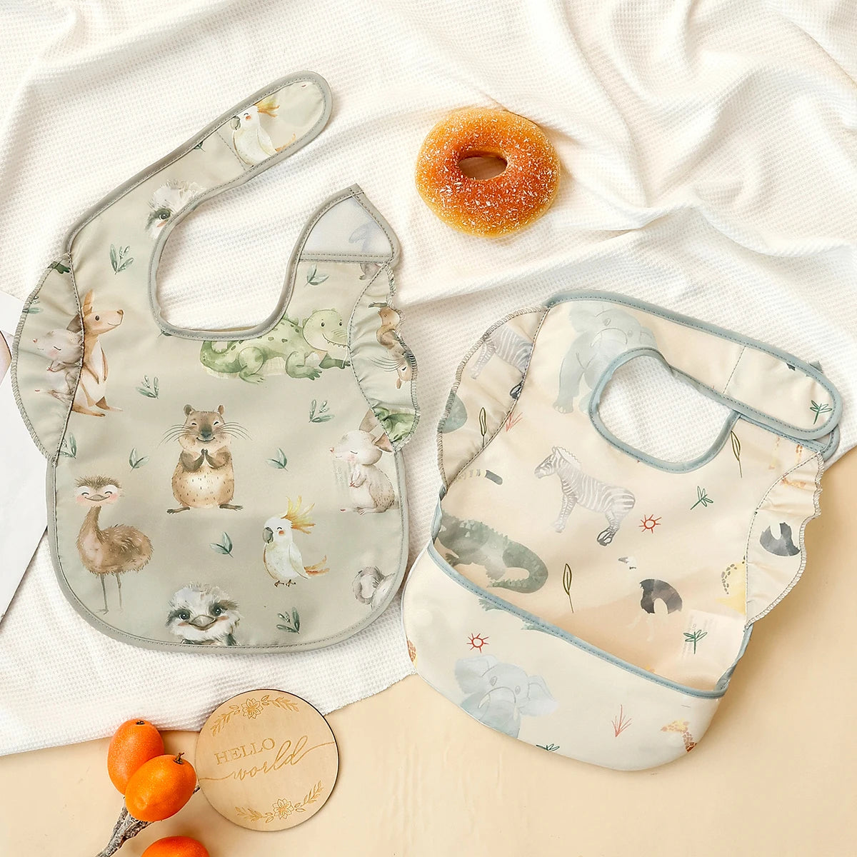 2Pcs/Set 100%Polyester Waterproof Baby Bibs,Lively and Adorable Shoulder Design Sleeveless Smock Feeding Bib Apron