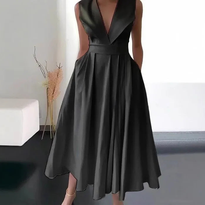 Hot Sale Of The Season New Women's Midi Dress Sleeveless Waist Cinched Large Flounce Pure Color Pocket Insertion Cross-Border...