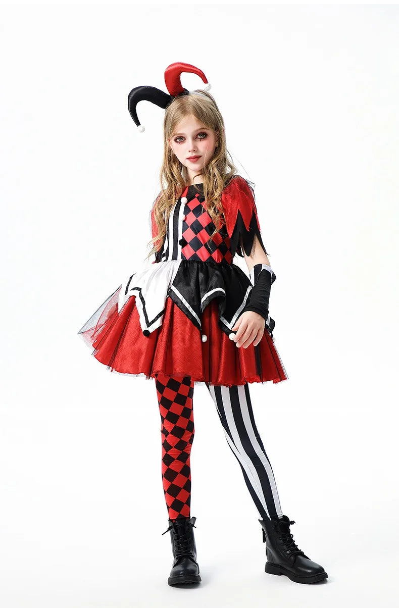 Halloween Cosplay Costumes Horror Clown Dresses Pants Headwear Clothes Sets Carnival Theme Party Role Playing Outfits for Girls
