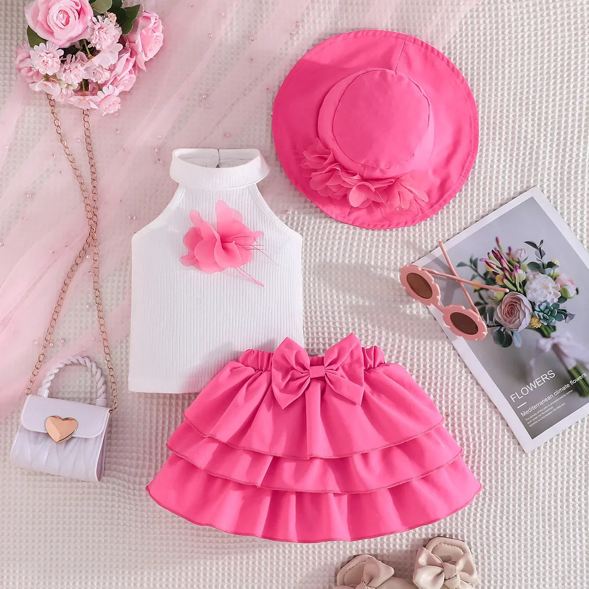 Toddler Girl Outfit Sets Sleeveless Turtleneck Fixed Flower T-shirt+Layered Skirt+Sun Hat Summer 3pcs Sets For Baby Girl Clothes