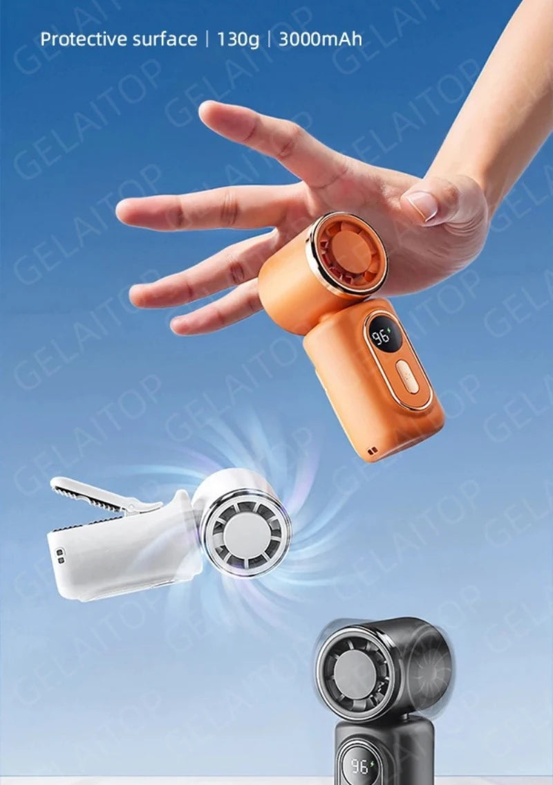 Lady's Mini Fan Handheld Small Portable Fan Cooling Turbo 5 Speeds 3000mAh LED Display 180° Rotatable Clip Rechargeable Fans
