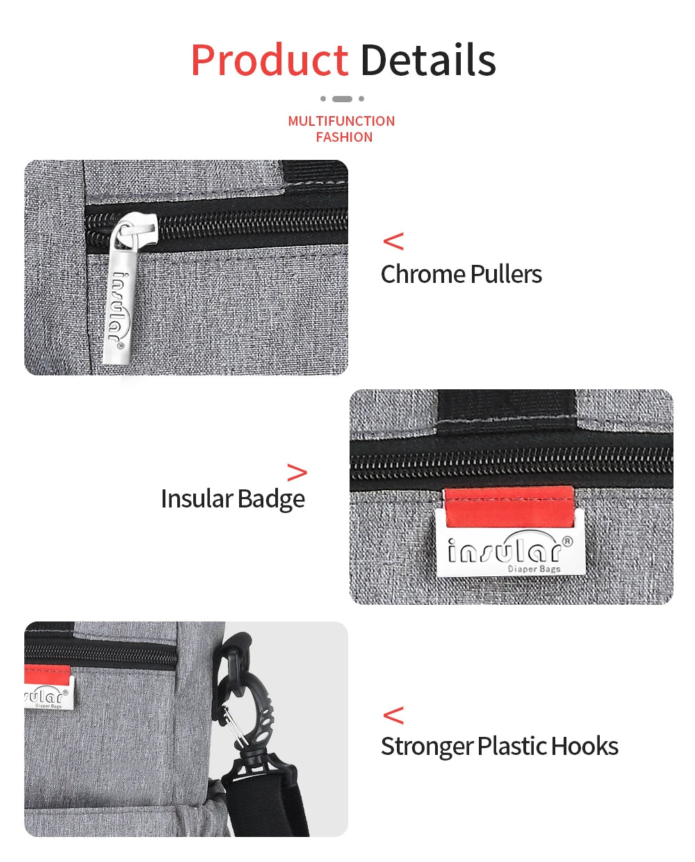 Fashionable Insular Baby Diaper Bag for Mothers Waterproof Multifunctional Nappy Organizer with Stroller Strap Changing Bag