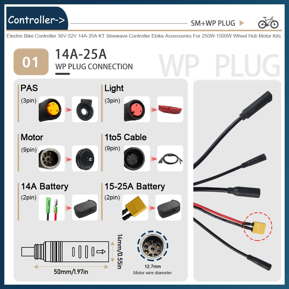 Ebike KT Sine Wave Controller 36V/48V Waterproof Brushless with Light Function 14A-35A With LCD8H Display For Ebike Accessories