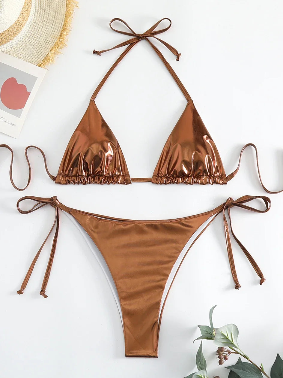 Sexy Metallic Halter Bikinis Sets Lace Up Triangle Tie Side Bikini 2026 Swimsuit Women Swimwear Brazilian Female Bathing Suits