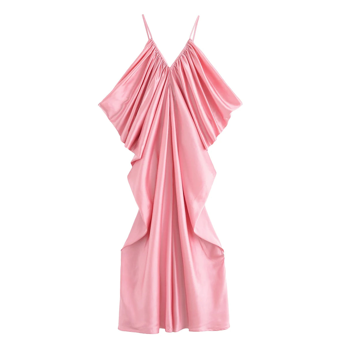 KONDALA Elegant Pleated Satin Dress Women Side Fold Pleated Suspender Long Dress 2025 Summer High Street Dating Lady Dress