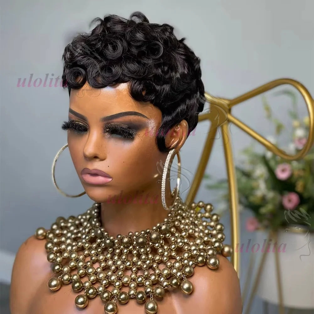 Short Deep Wave Pixie Cut Human Hair Wig Brazilian Remy Wig 180 Density Easy Daily Wear for Black Women