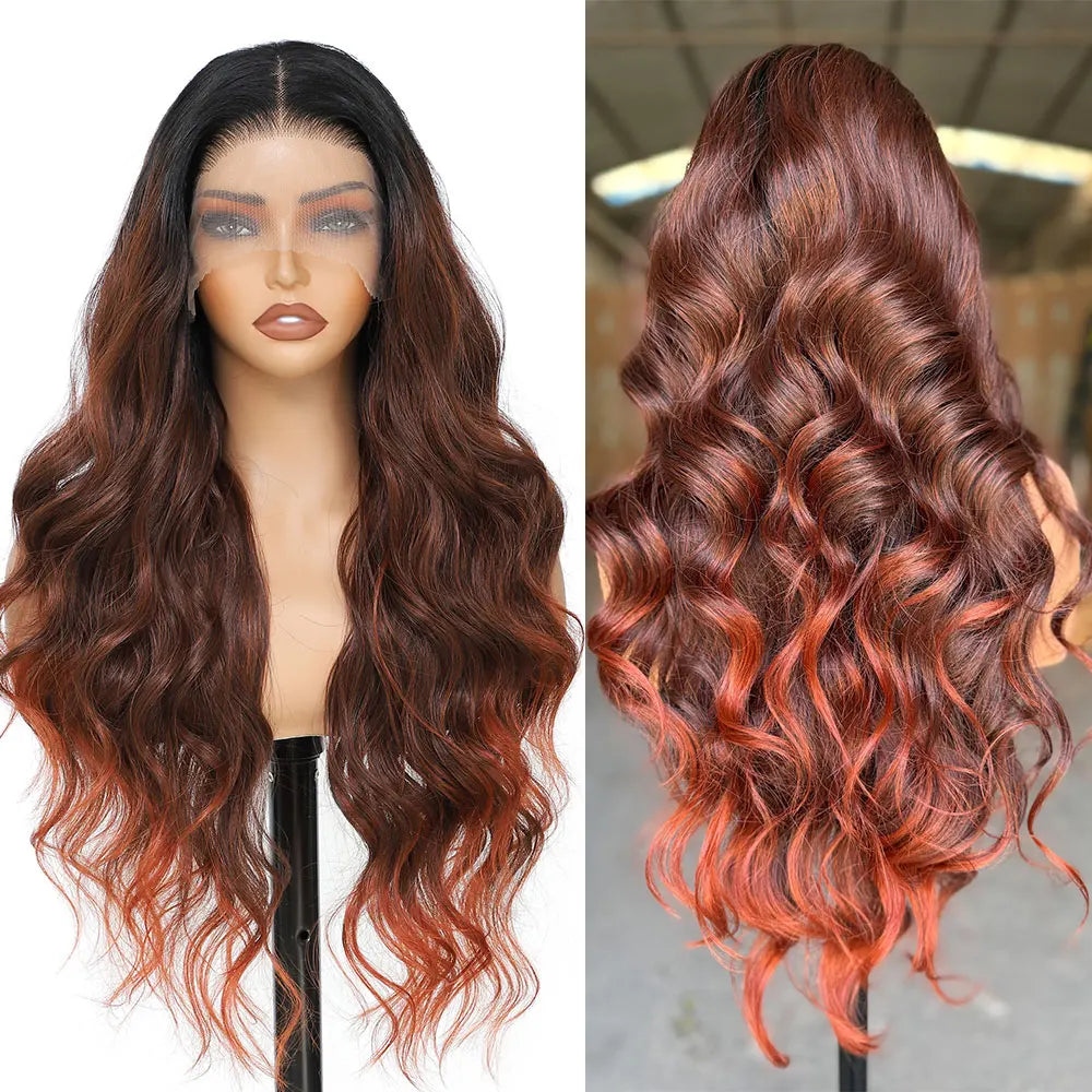30 Inches 13x4 Body Wave Lace Front Wig Synthetic Loose Deep Wave Highlight 300 Grams Baby Hair Lace Frontal Wig For Women