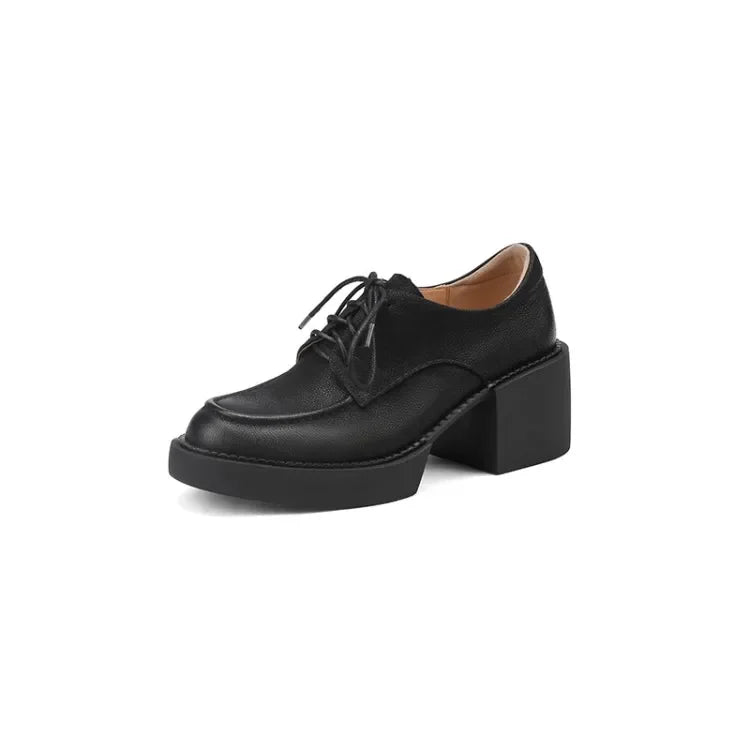 NEW Spring/Autumn Women Shoes Genuine Leather Round Toe Platform Shoes Women Solid Lace Women Pumps Thick Heel Shoes for Women