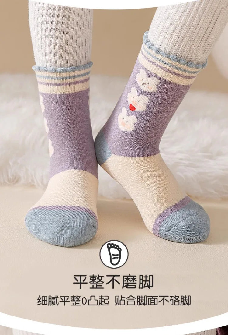 5 pairs of thick socks for girls in winter, medium to large-sized long tube looped socks with fleece added