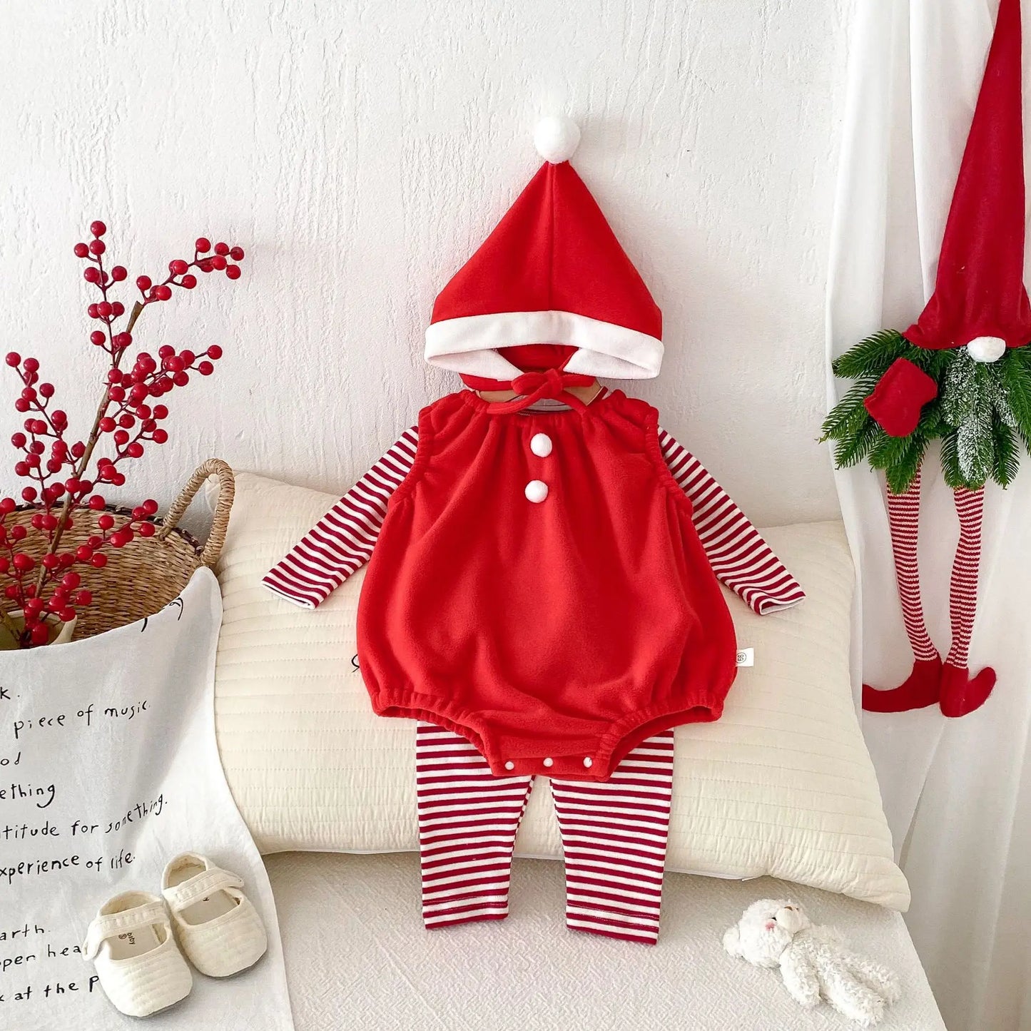 Baby Girl Boy Autumn Winter Christmas Cute Sleeveless Bodysuit Long Sleeve Striped Top Pants Infant Bibs Newborn Clothes B6091