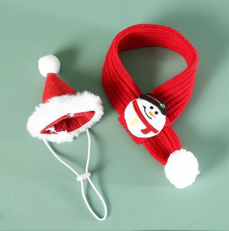 Christmas Cat Dog Scarf Hat Pet Wool Scarf Snowflake Ball Knitted Red and Green Bell Snowman Tree Cat Accessories