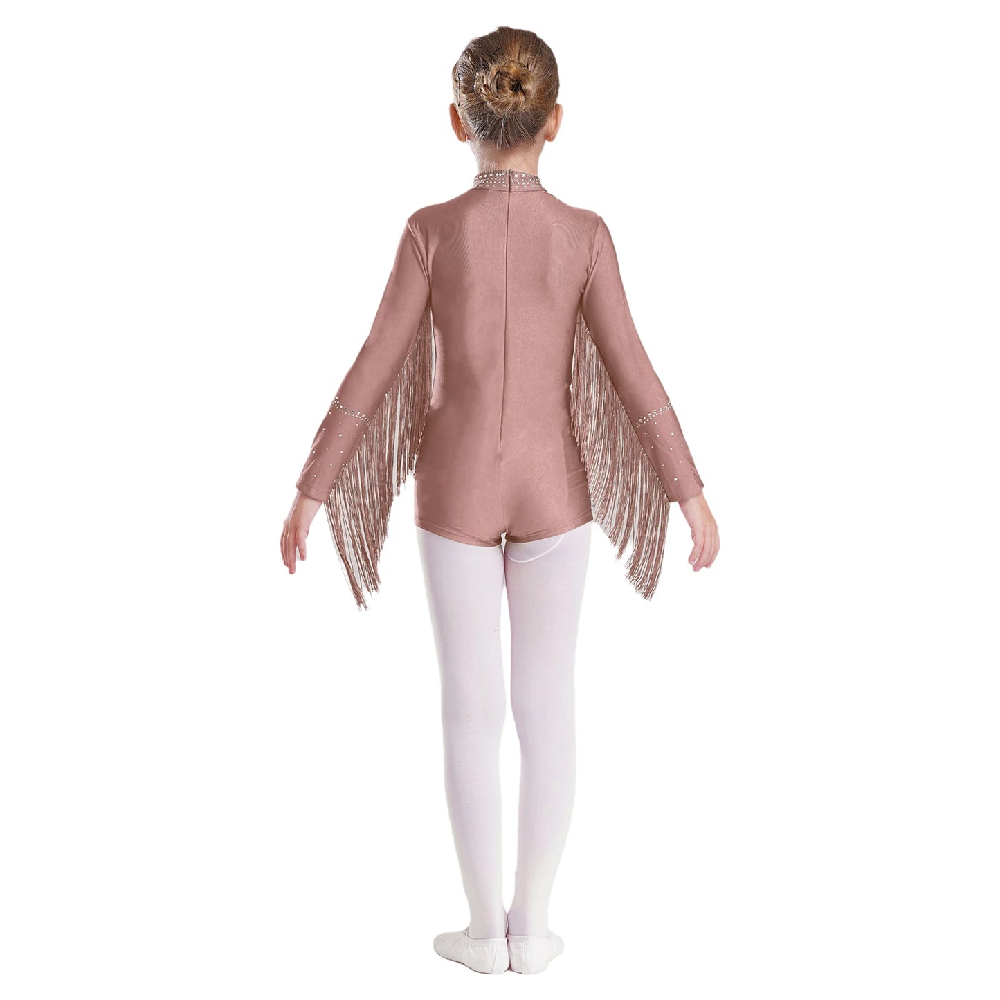 Girls Leotards Jumpsuit for Jazz Latin Skating Competition Costume Tassels Long Sleeve Rhinestones Bodysuit Modern Dancewear