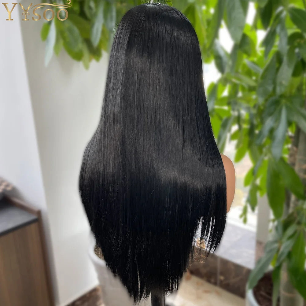 YYsoo 1# Long Silky Straight Dark Black Synthetic Full Lace Wigs for Women Heat Resistant Japan Futura Hair All Hand Tied Wig