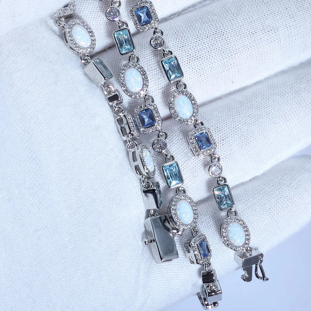 ESKEEM 6mm Geometric Gemstone Motif Iced Out Blue Chain Multicolor CZ Stones White Gold Plated Diamond Necklace Hip Hop Jewelry