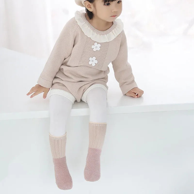 5 Pairs Winter Unisex Kids Baby Socks Infant Patchwork Non-slip Tube Socks Cotton Thick Warm Fleece Newborn Baby Stockings