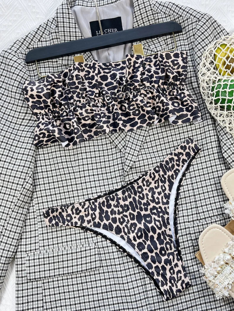 2026 New Sexy Bikini Bandeau Women Swimwear Swimsuit Pleated Ruffle Leopard Bikinis Set Bathing Suit Beach Bikini Female Push Up