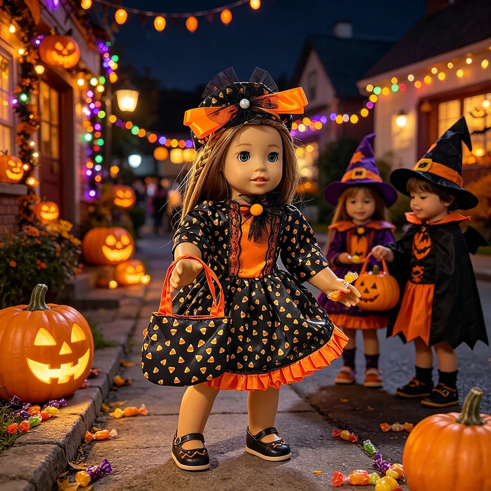 Halloween Doll Costume Outfit Suitable for 18 Inch Dolls. Doll Holiday Costume Set with Three Pieces and Doll Accessories