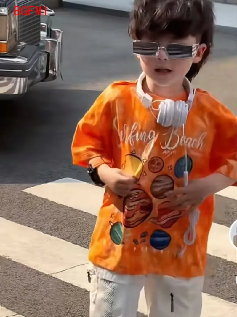 Summer Children's Costume Fashion Boys Clothing New Cartoon Printed Orange Short Sleeved T-shirt White Overalls Shorts 2pcs Set
