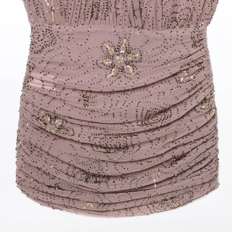 Sequin Rhinestone Woman Summer Dress Short Prom Backless Mini Dresses  V-Neck Halter Tops Mini Dress Pink Pleated Ladies Clothes