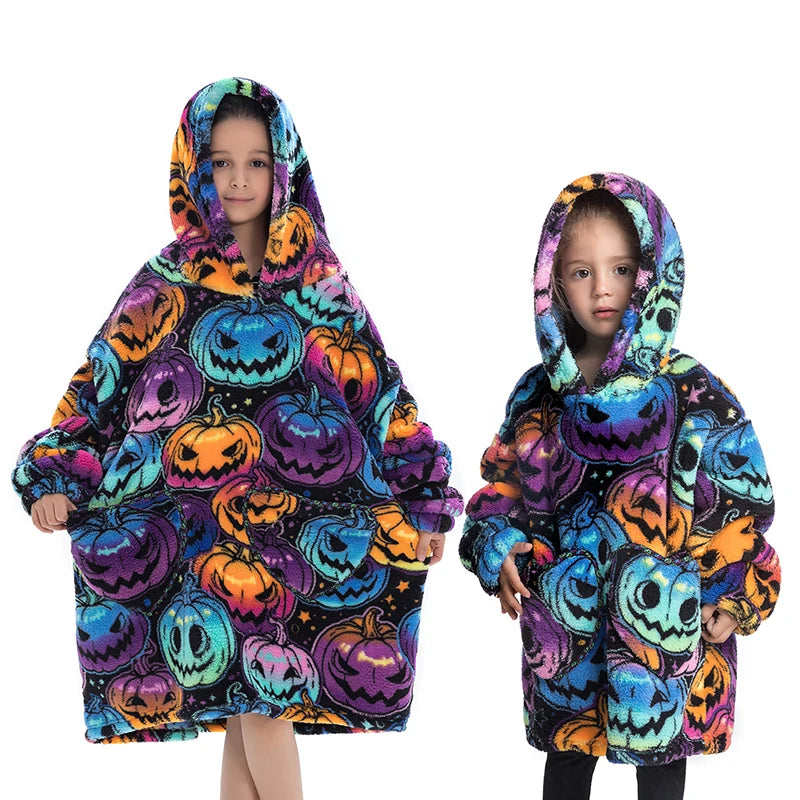 Halloween Pumpkin Hoodies for Boys Girls Winter Thick Flannel Hooded Sweatshirts Kids Clothing Children Oversized Blanket Hoodie