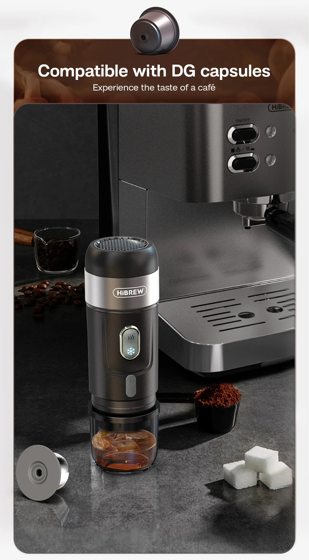 HiBREW Portable Coffee Machine Expresso Coffee Maker Fit Nexpresso Capsule Coffee Powder for Car Camping & Home Heat Water H4A