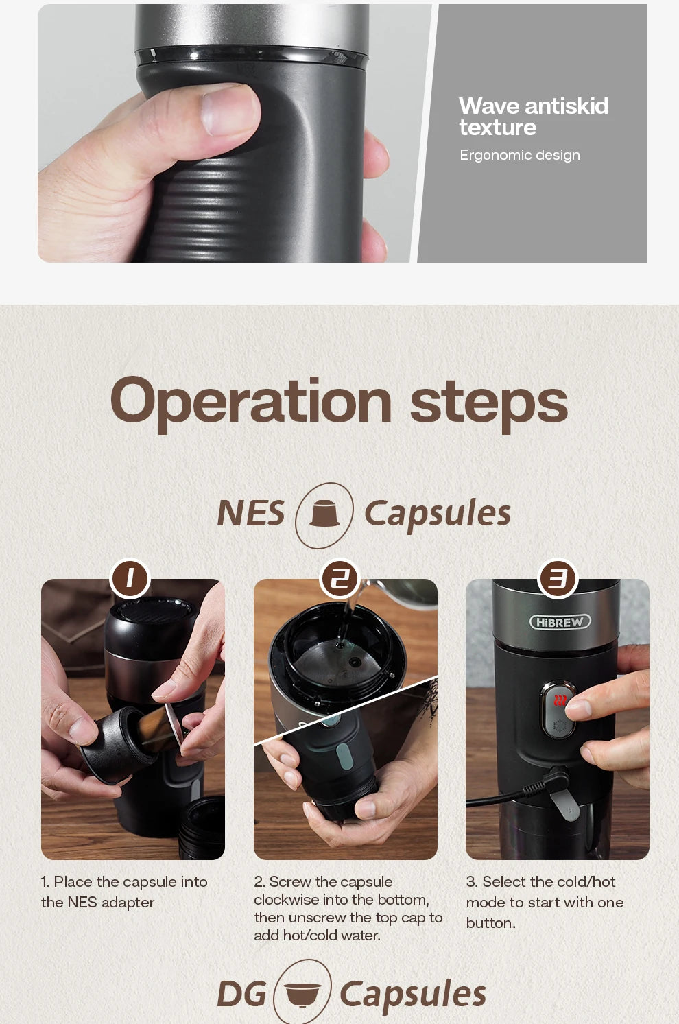 HiBREW Portable Coffee Machine Expresso Coffee Maker Fit Nexpresso Capsule Coffee Powder for Car Camping & Home Heat Water H4A