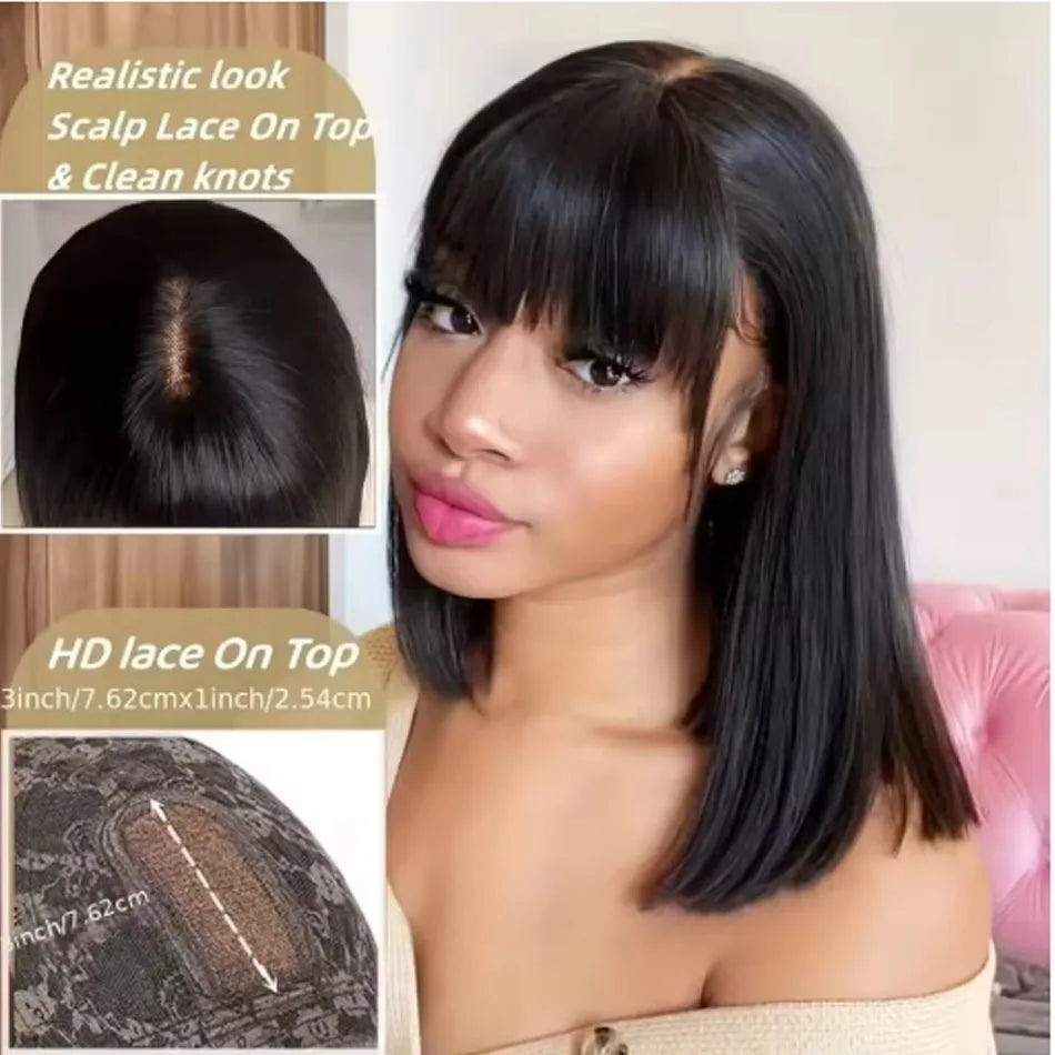 Straight Human Hair Wigs With Bangs Fringe 3X1 Part Lace Bob Wigs Realistic Scalp Brazilian Straight Virgin Bob Wigs With Bangs